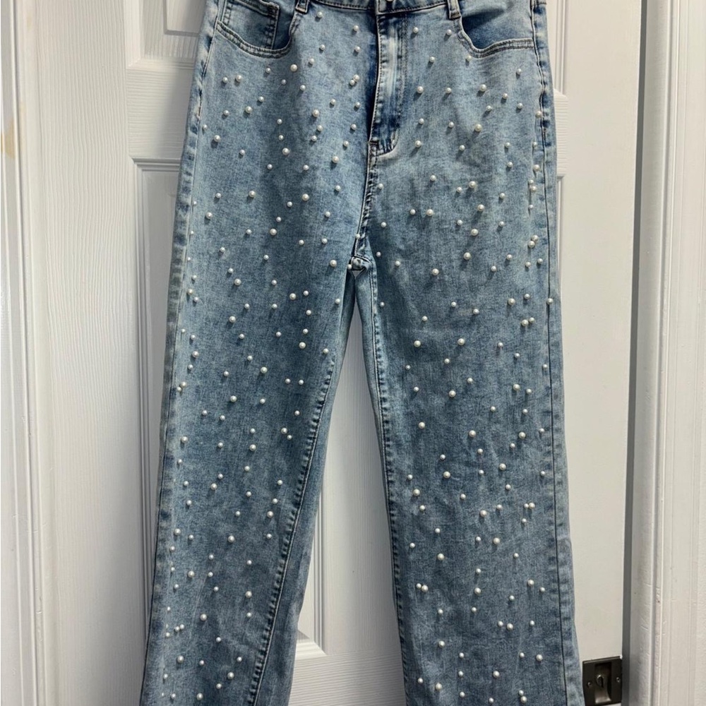 Women's Light Blue Pearl Embellished Jeans